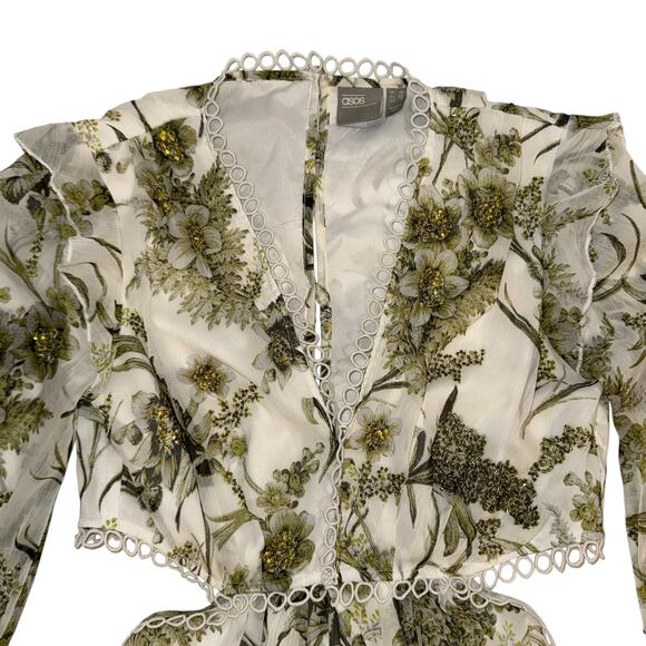 Asos Floral Cluster Embellished Long Sleeve Cut Out Ruffled Mini Dress Size 6 - Picture 8 of 15